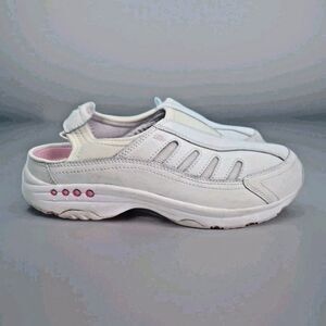 Easy Spirit Sz 7 White Leather Slip On Walking Shoes Sneaker Mules Pink Accents
